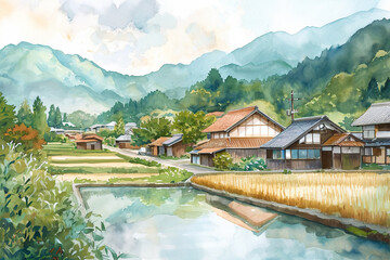 Naklejka premium A picturesque watercolor illustration of a Japanese countryside, with a small village and a rice field