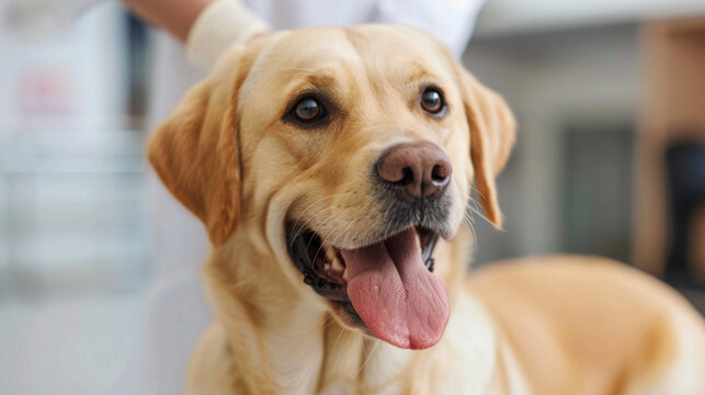 A happy golden retriever dog sits in a veterinary office