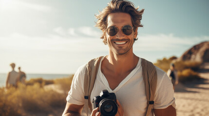 A handsome, happy, smiling Male Traveler wearing a white T-shirt and sunglasses, holding a camera, looks into a cave in the mountains. Travel, Hiking, Vacations, Summer concepts. - obrazy, fototapety, plakaty