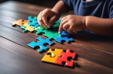 African american boy assembling colorful jigsaw puzzle,hands close-up,World Autism Awareness Day April 2.