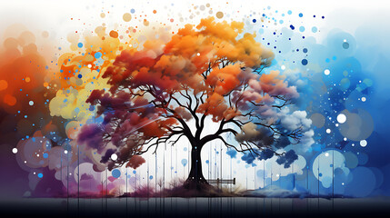Painting of a tree with rainbow colored isolated illustration
