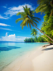 A beautiful exotic beach with palm trees, white sand and blue water. 