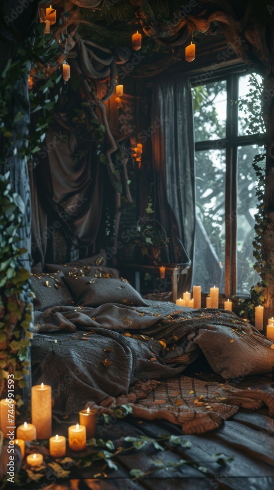 Poster A bedroom with candles and a bed in it