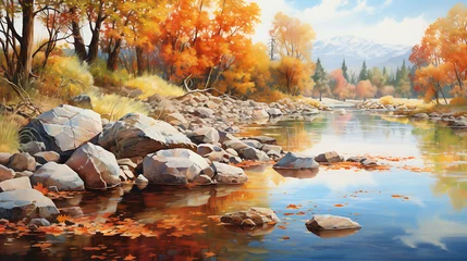 Papier Peint photo autocollant Réflexion Present a tranquil riverbank with stones reflecting the colors of autumn.
