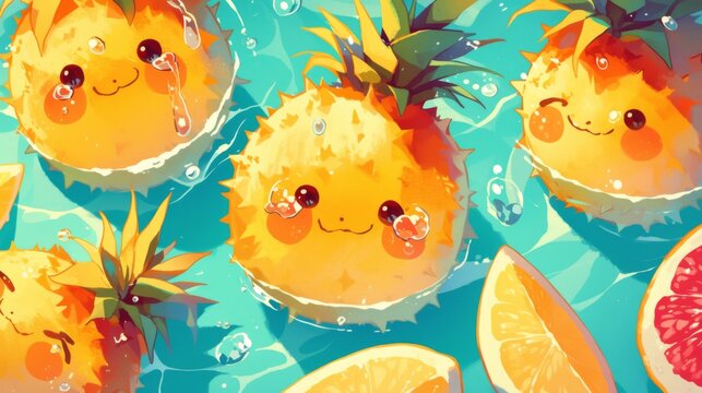 A group of oranges and pineapples floating in the water