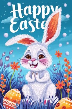 Hand drawn Easter bunny sitting among multicolored Easter eggs isolated on a pastel blue background with the text -Happy Easter-.