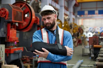 Foto op Canvas worker or engineer wearing bandages splint, pain in elbow and ache in arm from hard work in the factory © offsuperphoto
