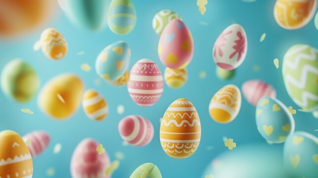 Vibrant 3D Easter eggs composition against blue backdrop with flying eggs, offering ample copy space.