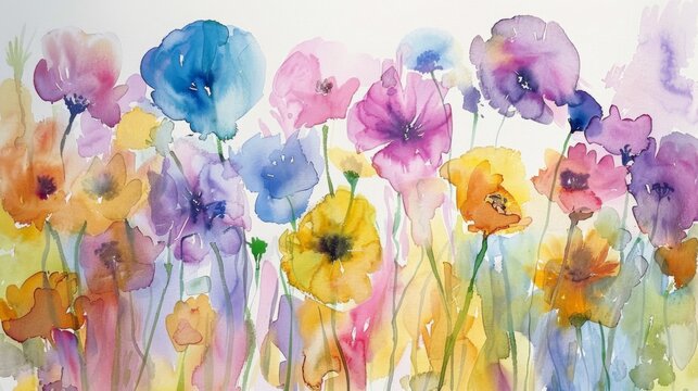 A watercolor painting of a field of flowers