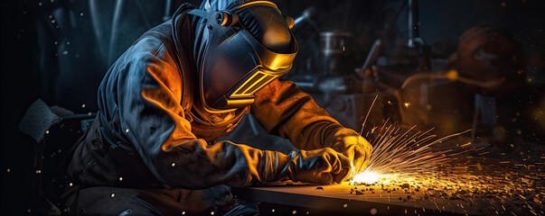 Metal welder working with arc welding machine to weld steel at factory. generative ai