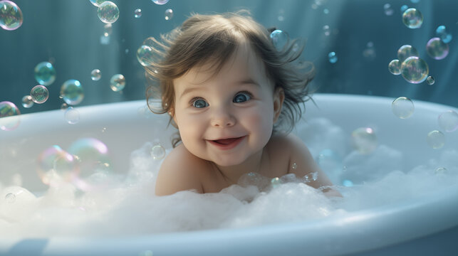 Happy smiling baby boy in the bathtub