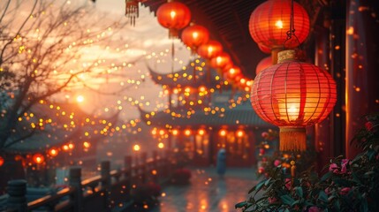 Obraz na płótnie Canvas Bright festive lanterns strung up close up