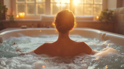 Young woman relaxing in a large bathtub