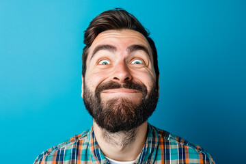 Obraz premium A man with raised eyebrows and a smile trying to hold back laughter on a blue background
