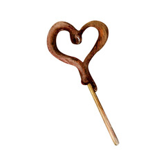 Chocolate heart stick watercolor drawing. Sweet suckers sugar treat. Confection cocoa lollipops bonbon. Milk tasty dessert decoration. Isolated on white background