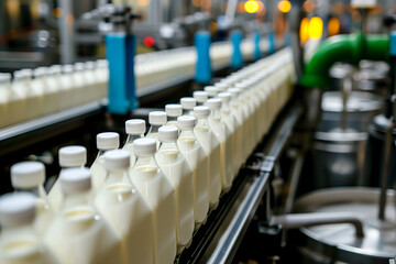 Factory line for processing and bottling of milk. Selective focus.
