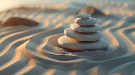 Serenity in sands: zen stones stacked on ripples of desert dunes. perfect for calmness and meditation themes. AI