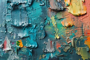 The close up of several small sections painted with various colored paint, in the style of colorful impasto, dynamic color fields, heavy use of impasto, bold use of impasto, decadent decay