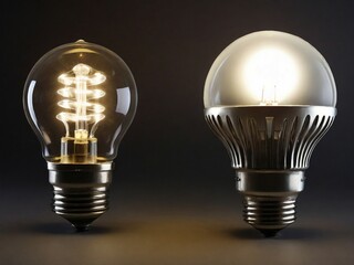 Creative idea old electric light bulb vs new LED light bulb, energy saving bulbs, white lights, new technology.
