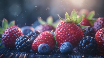 Assorted berries on dark wood, close-up of juicy strawberries, blackberries, with soft, moody lighting - obrazy, fototapety, plakaty