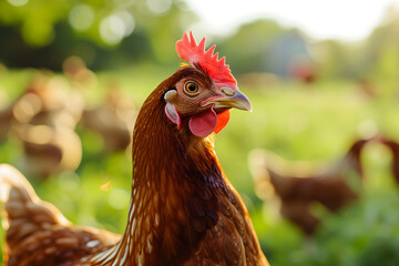 Portrait of hen on the chicken farm, closeup with bokeh.