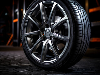A new tire mounted on an aluminum rim on a dark background, a very close view 