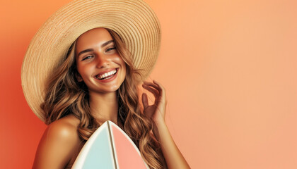 Portrait of a beautiful surfer girl smiling in studio shot