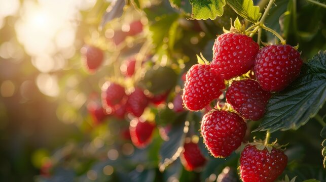 Berries on vine close-up, sunlit strawberries, raspberries, blackberries on the vine, farm fresh look 