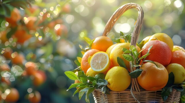 Citrus fruits basket close-up, vibrant oranges, lemons, limes, against a soft, blurred garden backdrop 