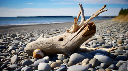 Present stones near the ocean with driftwood creating an artistic composition. - obrazy, fototapety, plakaty