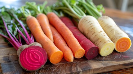 Close-up of root vegetables on a cutting board, ready for cooking, highlighting fresh carrots, parsnips, and beets