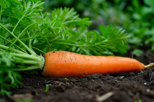 carrot with a orange color and a green top and a healthy overlay on the side