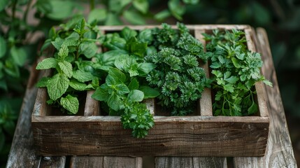 Freshly picked herbs, close-up of mint, cilantro, and parsley, on a rustic wooden board, natural light 