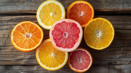 Fototapeta na wymiar Freshly sliced citrus array, juicy oranges, grapefruits, lemons, on rustic wood, morning light 