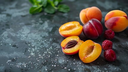 Freshly sliced stone fruits on a dark, rustic table, close-up of juicy peaches, plums, apricots