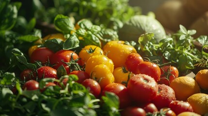 Garden fresh assortment close-up, mixed fruits and vegetables with natural light casting soft shadows 