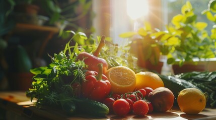 Garden fresh assortment close-up, mixed fruits and vegetables with natural light casting soft shadows 