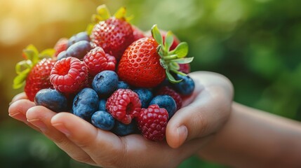 Handful of berries close-up, vibrant strawberries, blueberries, raspberries in the palm, against a...