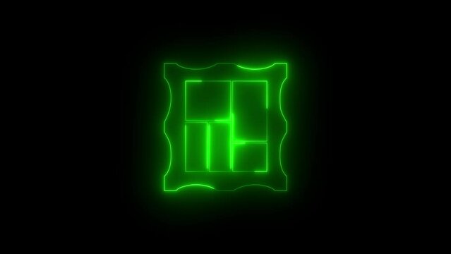Neon glowing green picture frame icon animation in black background