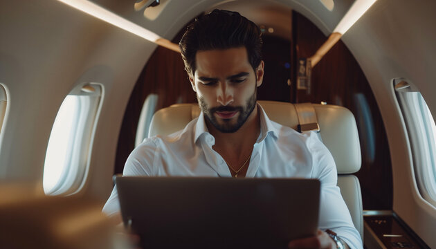 businessman working on laptop in a private jet