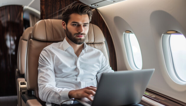 businessman working on laptop in a private jet