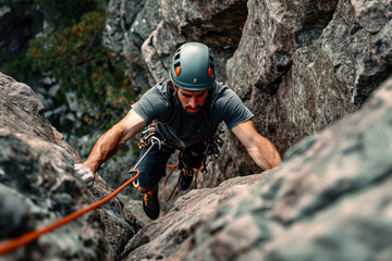 A man rock climbing, with a harness and ropes --ar 3:2 --v 6 Job ID: 4cb796d1-b3fc-4386-9126-1231c57ace30