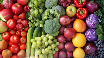 Rainbow of fruits and vegetables close-up, arranged by color, from vibrant reds to deep greens - obrazy, fototapety, plakaty