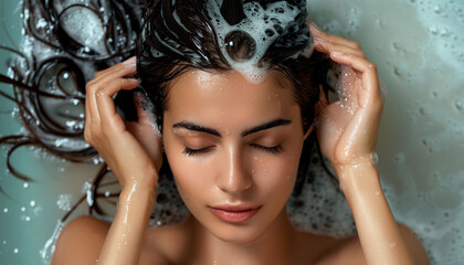 portrait of a woman washing hair with shampoo