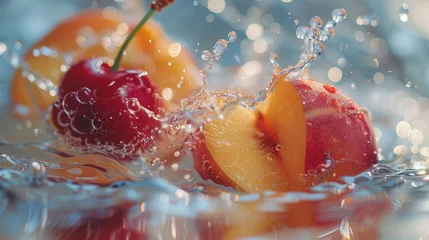 Rolgordijnen Sunlit stone fruits, close-up of a peach and cherry splash in water, refreshing and vibrant © Moonfu