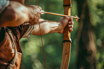 A man practicing archery, with a bow and arrow in his hands