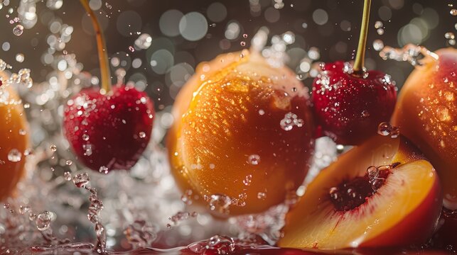 Sunlit stone fruits, close-up of a peach and cherry splash in water, refreshing and vibrant
