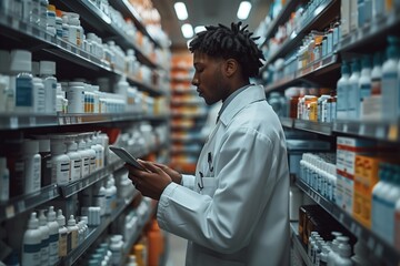 A customer in a retail pharmacy is examining a tablet on a shelf in the building, searching for an overthecounter medication