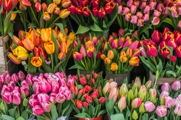 Colourful fresh tulips on sale in flower market, amsterdam, netherlands, europe. generrative ai
