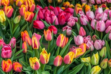 Colourful fresh tulips on sale in flower market, amsterdam, netherlands, europe. generrative ai